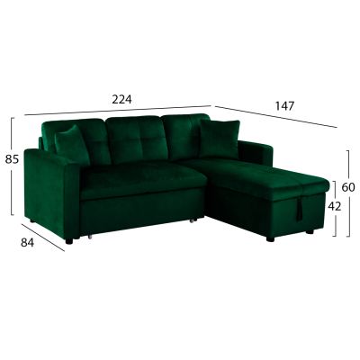 Corner Sofa Bed Wayne 224x147x85 HM3028.13 Cypress Green Velvet