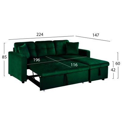 Corner Sofa Bed Wayne 224x147x85 HM3028.13 Cypress Green Velvet