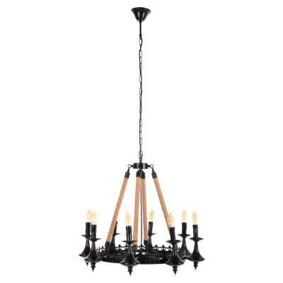 CEILING PENDANT 8-LIGHT HM4169 BLACK METAL-ROPE Φ66x131Hcm.