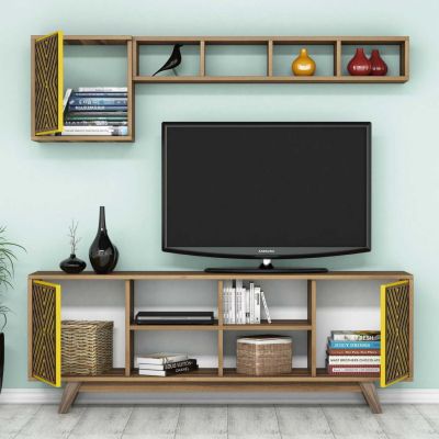 TV FURNITURE SET HM9516.04 MELAMINE IN WALNUT AND YELLOW 160x35x56.2Hcm.