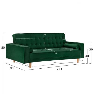 SOFA-BED SALVADOR HM3150.13 VELVET GREEN 224X88X84Y cm.