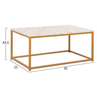 COFFEE TABLE SAFFRON HM8975.11 MELAMINE WHITE MARBLE LOOK-GOLD BASE 95x55x43.5Hcm.