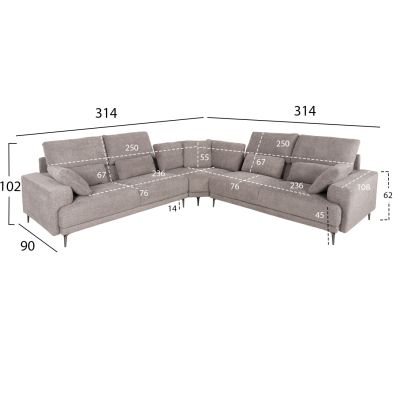 CORNER SOFA SYMMET HM3269.01 LIGHT GRAY FABRIC-GLOSSY ANTHRACITE LEGS 314x314x90-102Hcm.