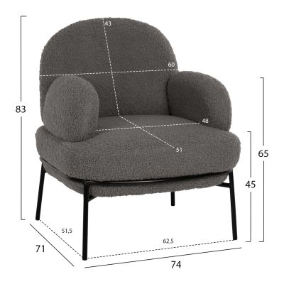 КРЕСЛО AGNES HM9525.21 СИВ ПЛАТ ОТ БУКЛЕ-ЧЕРНИ МЕТАЛНИ КРАКА 74x71x83Hcm.