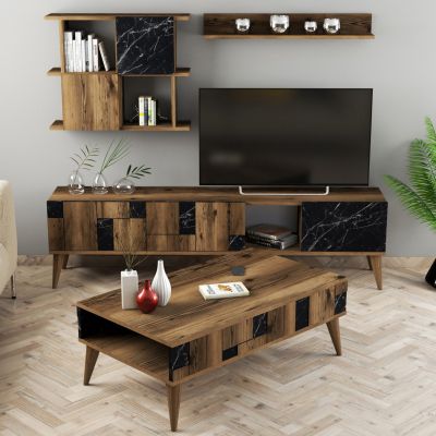 LIVING ROOM COMPOSITION HM11846.02 2PCS WALNUT-BLACK MARBLE LOOK