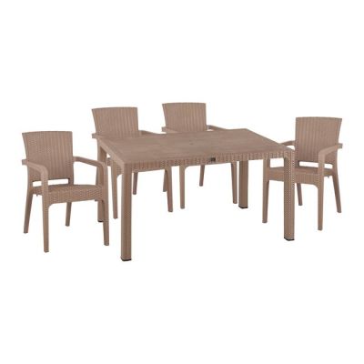 Set 5 pieces Table & polypropylene chairs Rattan in cappuccino color HM10574.02