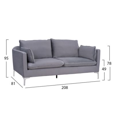 Sofa Karen 3 Seater Grey Velvet & Metallic Chromes Legs HM3136.31 208x81x95 cm