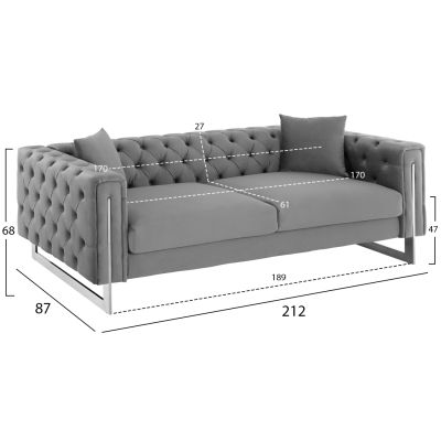 SOFA 3-SEATER t.CHESTERFIELD MOBAR HM3263.01 GREY VELVET-METAL LEGS 212x87x68H cm.