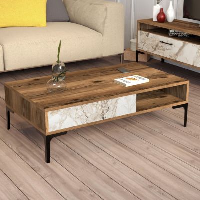 COFFEE TABLE HM9503.05 MELAMINE WALNUT-WHITE MARBLE LOOK & METAL LEGS 105x60x32.6Hcm.