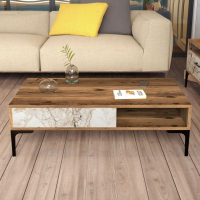 COFFEE TABLE HM9503.05 MELAMINE WALNUT-WHITE MARBLE LOOK & METAL LEGS 105x60x32.6Hcm.