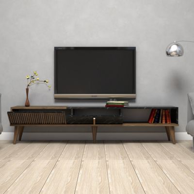 TV STAND HM9512.02 MELAMINE WALNUT AND BLACK MARBLE-LOOK 180x35x40Hcm.