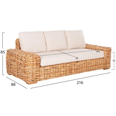 OUTDOOR SOFA 3-SEATER TROPEL HM9808 MANGO WOOD-RATTAN NATURAL COLOR-WHITE CUSHIONS 216x88x70-85Hcm.