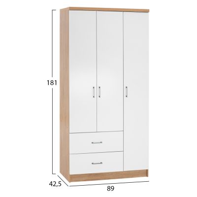 WARDROBE WITH 3 DOORS AND 2 DRAWERS HM340.06 SONAMA-WHITE 89x42,5x181 cm.