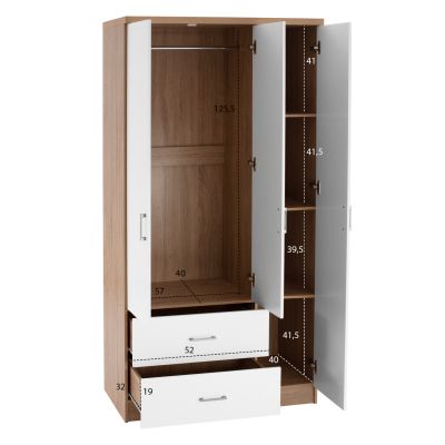 WARDROBE WITH 3 DOORS AND 2 DRAWERS HM340.06 SONAMA-WHITE 89x42,5x181 cm.