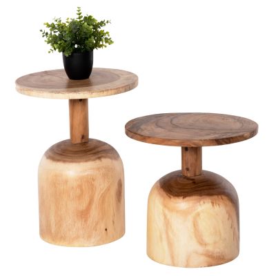 SET 2PCS SIDE TABLES PUMBE HM10710 SOLID SUAR WOOD IN NATURAL Φ38,5 & Φ39,5cm.