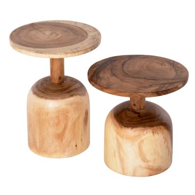 SET 2PCS SIDE TABLES PUMBE HM10710 SOLID SUAR WOOD IN NATURAL Φ38,5 & Φ39,5cm.