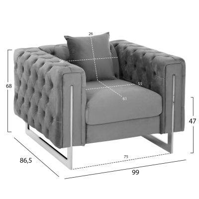 ARMCHAIR t.CHESTERFIELD MOBAR HM3261.01 VELVET GREY-METAL LEGS 99x86,5x77Hcm.