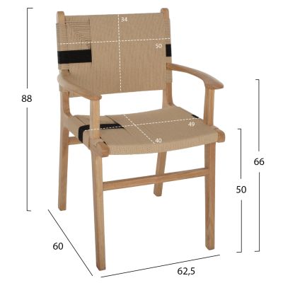 ARMCHAIR BAND RUBBERWOOD AND ROPE 62,5x60x88Hcm.HM9324.01