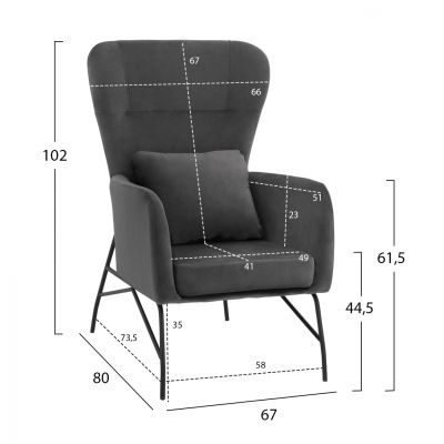 Armchair Velvet Grey with metallic black leg HM8721.01 67x80x102 cm.