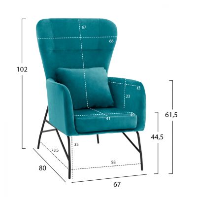 Armchair Velvet Turquoise with metallic black leg HM8721.08 67x80x102 cm.