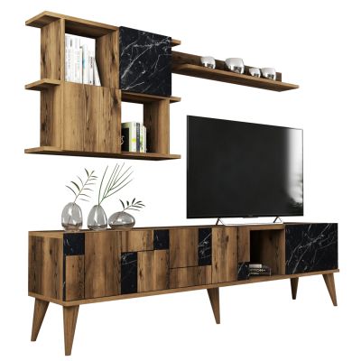 TV FURNITURE COMBO TRONDE HM9437.02 MELAMINE WALNUT AND BLACK MARBLE LOOK 180x33.8x48.6Hcm.