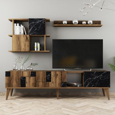 TV FURNITURE COMBO TRONDE HM9437.02 MELAMINE WALNUT AND BLACK MARBLE LOOK 180x33.8x48.6Hcm.