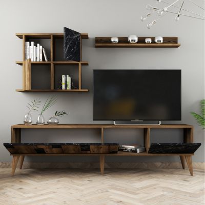 TV FURNITURE COMBO TRONDE HM9437.02 MELAMINE WALNUT AND BLACK MARBLE LOOK 180x33.8x48.6Hcm.