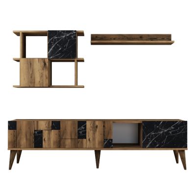 TV FURNITURE COMBO TRONDE HM9437.02 MELAMINE WALNUT AND BLACK MARBLE LOOK 180x33.8x48.6Hcm.