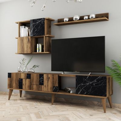 TV FURNITURE COMBO TRONDE HM9437.02 MELAMINE WALNUT AND BLACK MARBLE LOOK 180x33.8x48.6Hcm.