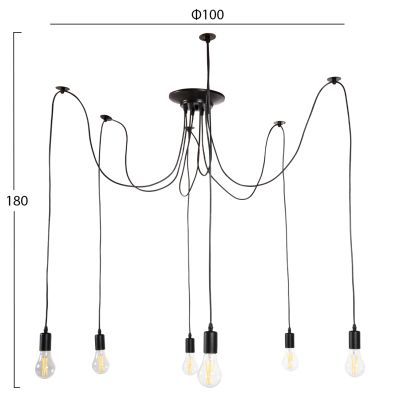 CEILING PENDANT 6-LIGHT HM4175 BLACK METAL-BLACK CABLES Φ100x180Hcm.