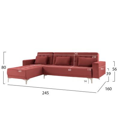 CORNER SOFA-BED ELIZA HM3145.03 REVERSIBLE DUSTY PINK VELVET 245x80-160x80Hcm.