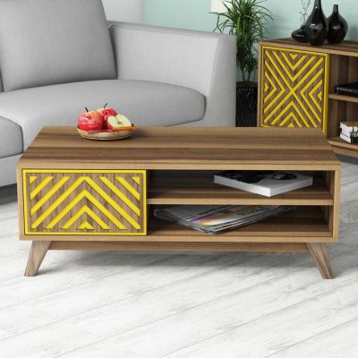 COFFEE TABLE HM9502.04 MELAMINE WITH CABINET WALNUT & YELLOW 105x60x38.2Hcm.