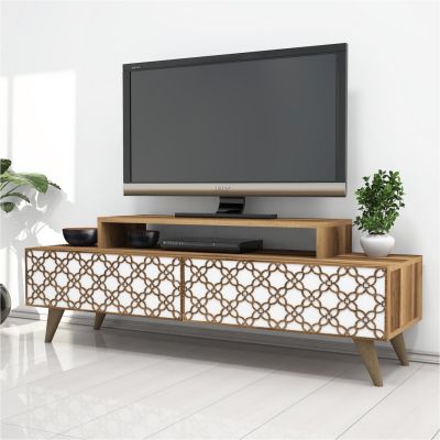 TV STAND MELAMINE HM9510.04 IN WALNUT AND WHITE COLOR 140x41.8x48.8Hcm.