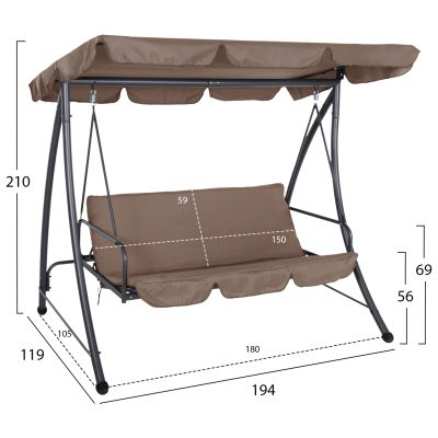 PORCH SWINGER-BED 3-SEATER LIKID HM5980.02 METAL FRAME IN GREY-FABRIC IN LIGHT BROWN 200x120x164Hcm.