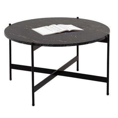 COFFEE TABLE HM9588.01 MDF BLACK MARBLE TABLETOP-BLACK METAL BASE Φ80x45Hcm.