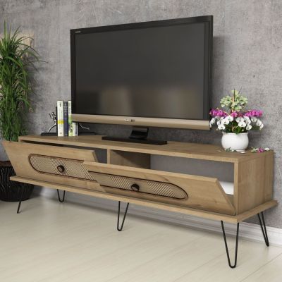 TV STAND HM9511.02 MELAMINE IN NATURAL OAK COLOR METAL LEGS 145x40x45HMcm.