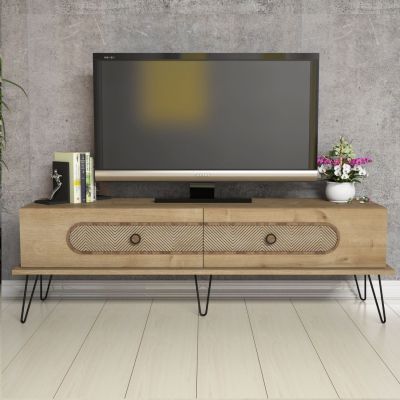 TV STAND HM9511.02 MELAMINE IN NATURAL OAK COLOR METAL LEGS 145x40x45HMcm.