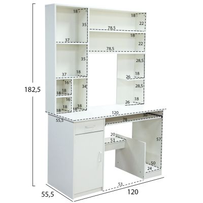 HM2032.03 Бюро "СТАТУС" с библиотека-рафтове, бяло, 120x55x182