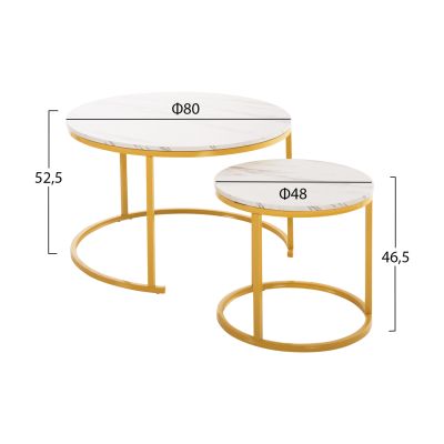 COFFEE TABLE 2PCS SET MDF WHITE MARBLE GOLD METAL LEGS Φ80x48cm.HM8763.11