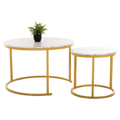 COFFEE TABLE 2PCS SET MDF WHITE MARBLE GOLD METAL LEGS Φ80x48cm.HM8763.11