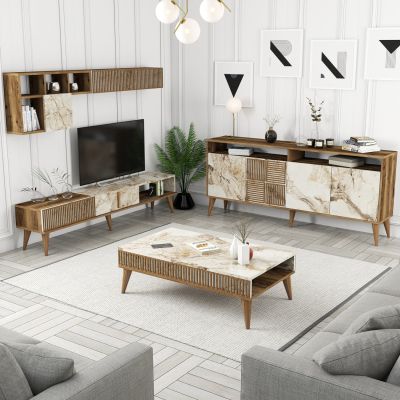 LIVING ROOM COMPOSITION HM11845.03 3PCS WALNUT-WHITE MARBLE LOOK