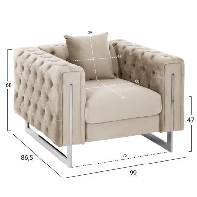 ARMCHAIR t.CHESTERFIELD CREAM HM3261.02 VELVET CREAM-METAL LEGS 99x86,5x77Hcm.