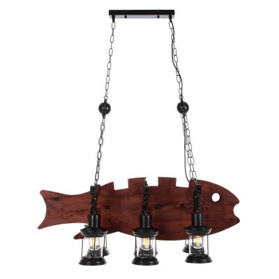 CEILING PENDANT 6-LIGHT HM4118 WOODEN FISH-BLACK METAL-GLASS 95x35x116H cm.