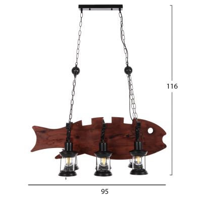 CEILING PENDANT 6-LIGHT HM4118 WOODEN FISH-BLACK METAL-GLASS 95x35x116H cm.