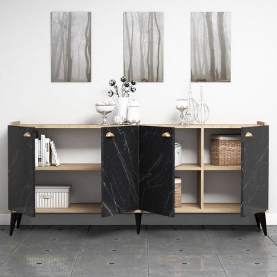 MELAMINE BUFFET HM9045.01 NATURAL WOOD SHADE - BLACK MARBLE LOOK 180x41x77,8Y cm.