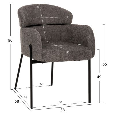 КРЕСЛО WOLF HM8583.01 СИВО МАТЕРИЯ ОТ БУКЛЕ-ЧЕРНИ МЕТАЛНИ КРАКА 58x58x80Hcm.