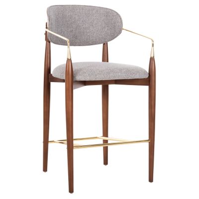 BAR STOOL SIRUS PLUS HM18147.04 WALNUT WOOD-METAL IN GOLD-FABRIC IN GREY 52x59x101Hcm.