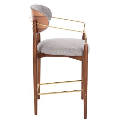 BAR STOOL SIRUS PLUS HM18147.04 WALNUT WOOD-METAL IN GOLD-FABRIC IN GREY 52x59x101Hcm.