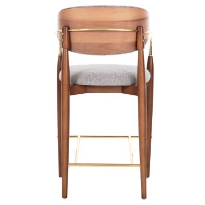 BAR STOOL SIRUS PLUS HM18147.04 WALNUT WOOD-METAL IN GOLD-FABRIC IN GREY 52x59x101Hcm.