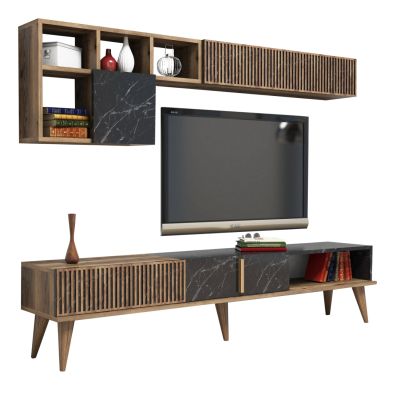 TV FURNITURE SET HM9438.03 MELAMINE IN WALNUT-BLACK MARBLE 180x35x40Hcm.